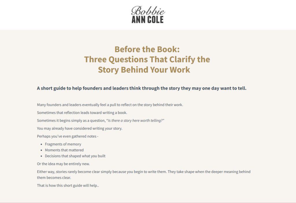 Bobbie Ann Cole Landing Page